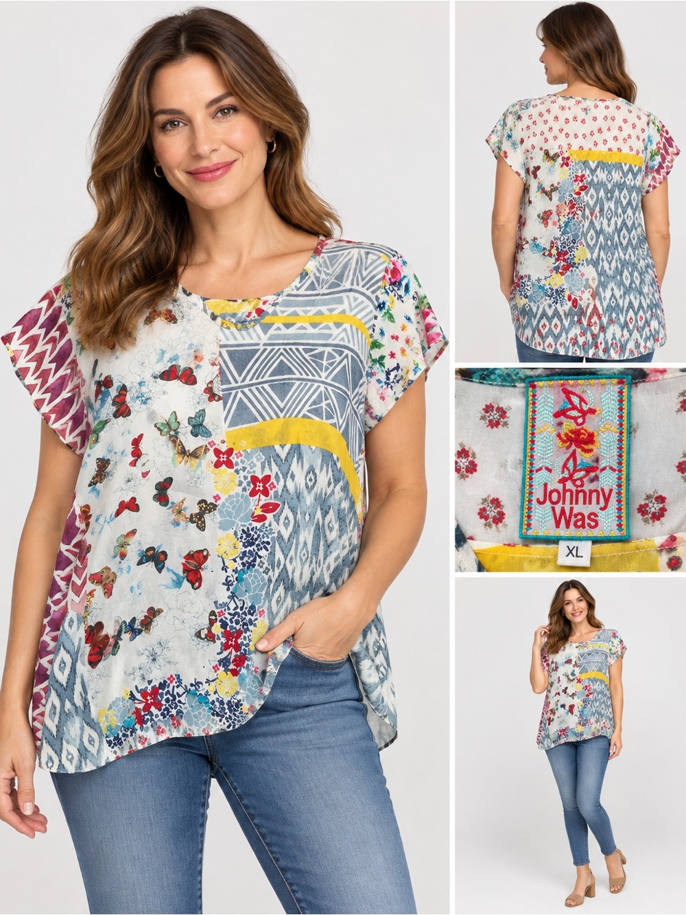 Johnny Was Butterfly Floral Ikat Patchwork Boho Top XL